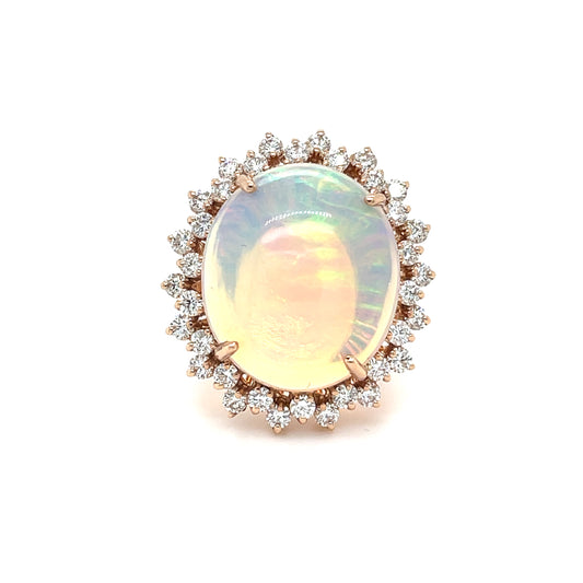 13.35 CT Opal with 1.76 CT Round Brilliant Cut Diamonds in a 14 KT Rose Gold Ring