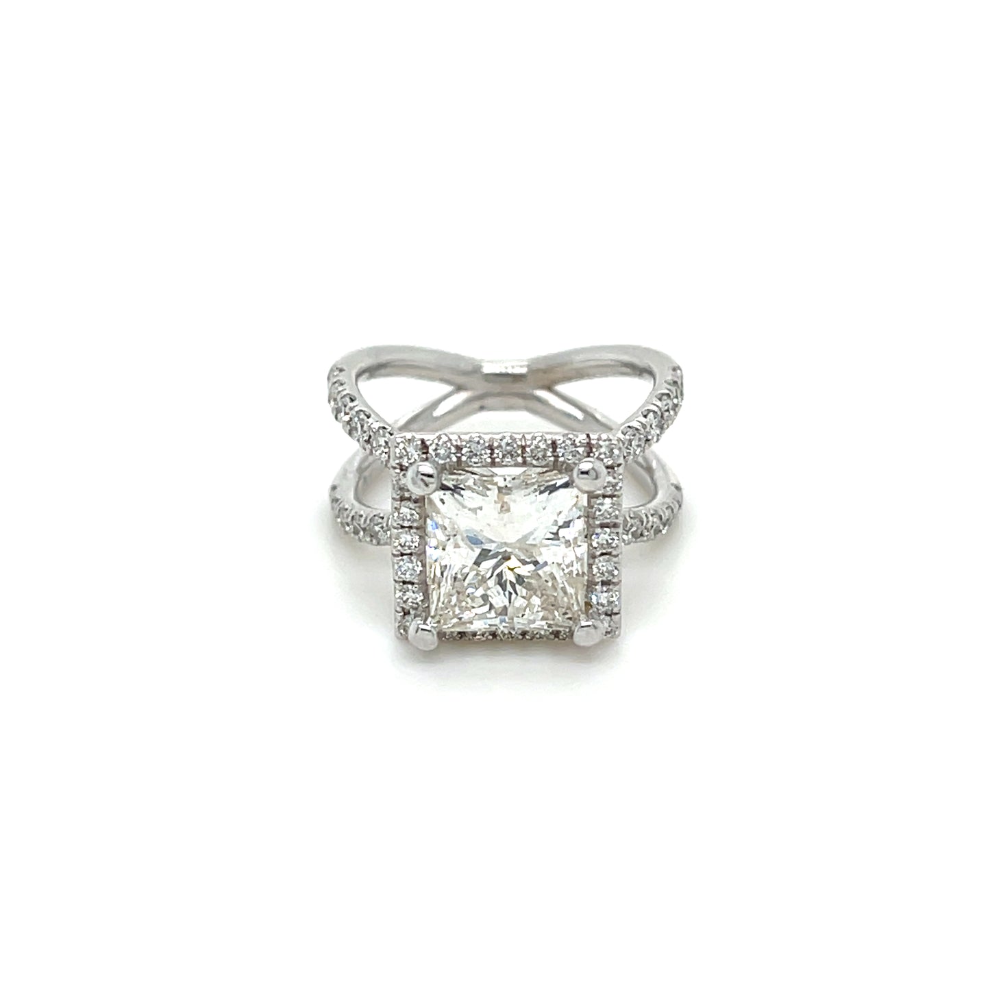 3.03 CT Princess Cut Diamond Center Stone with 0.74 CT Round Brilliant Cut Diamonds in a 14 KT White Gold Engagement Ring