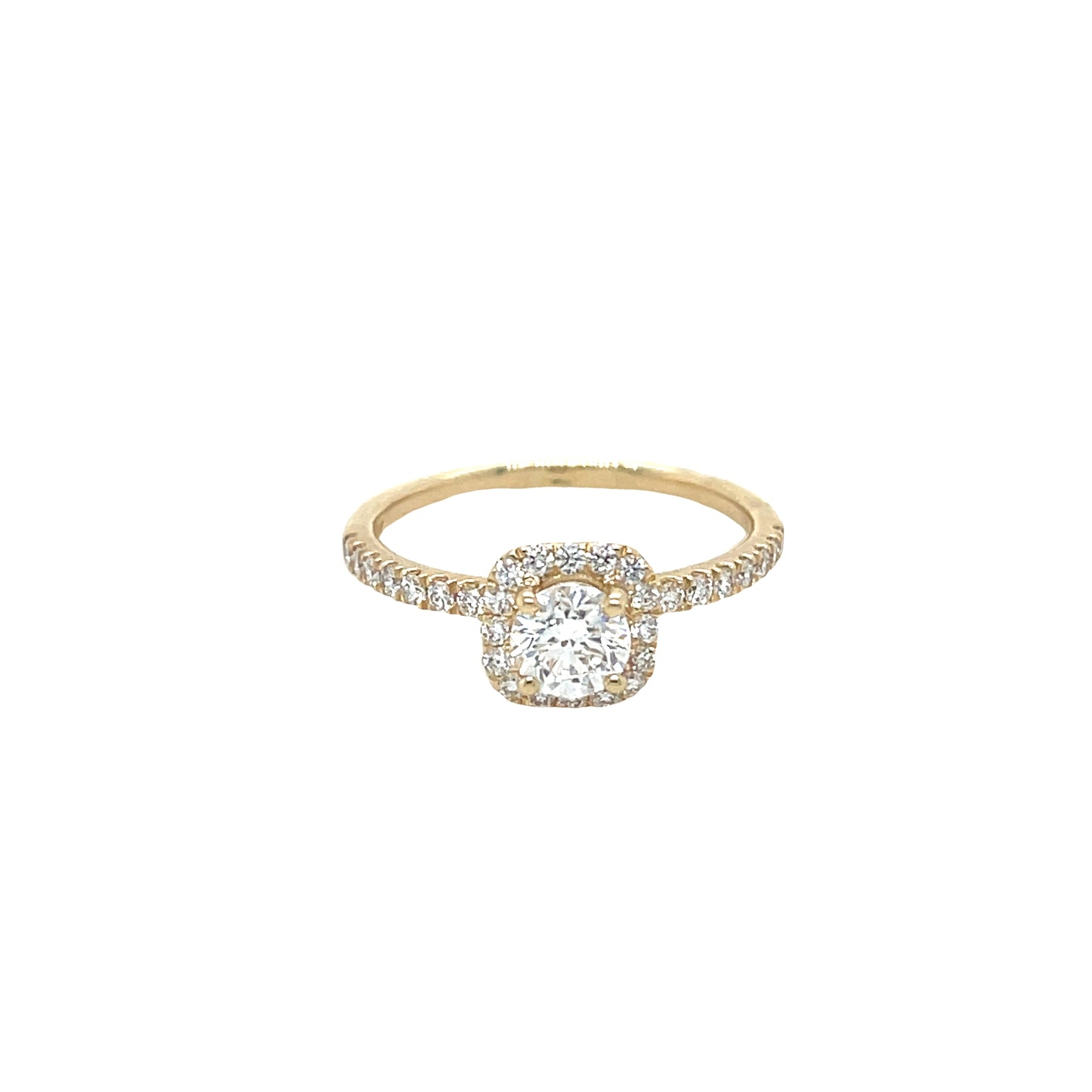 0.59 CT Round Brilliant Cut Diamond Center Stone with 0.42 CT Round Brilliant Cut Diamonds mounted on a 14 KT Yellow Gold Engagement Ring