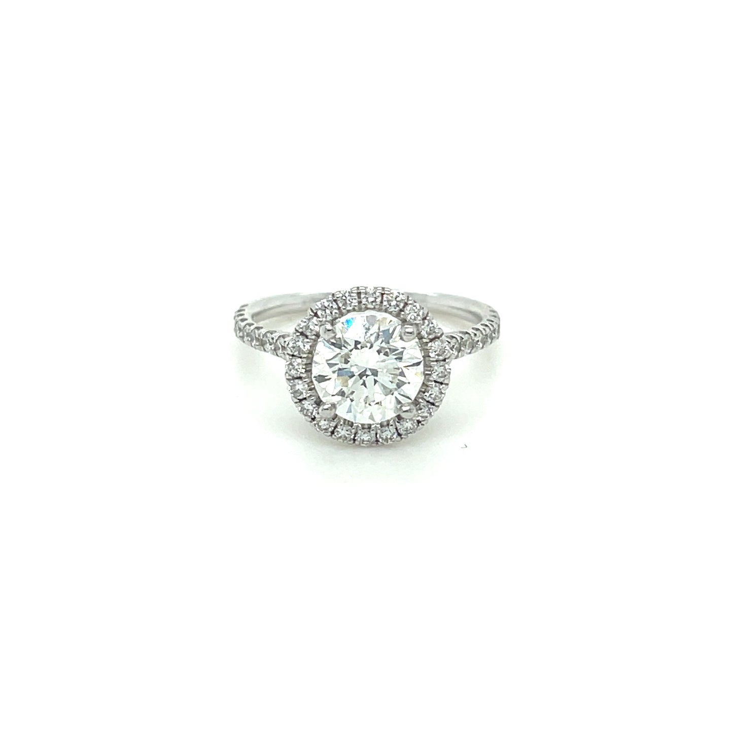 1.70 CT Round Brilliant Cut Diamond Center (Certified GIA) with 0.53 CT Round Brilliant Cut Diamonds in a 14 KT White Gold Engagement Ring