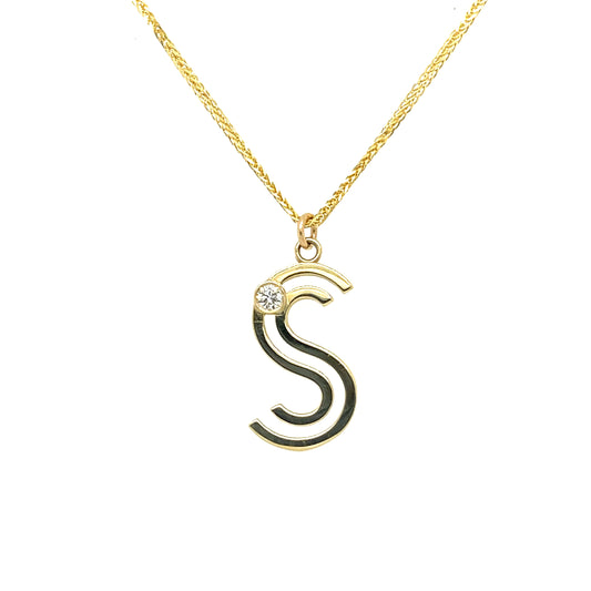 0.04 CT Round Brilliant Cut Diamond in a 14 KT Yellow Gold S Letter Pendant