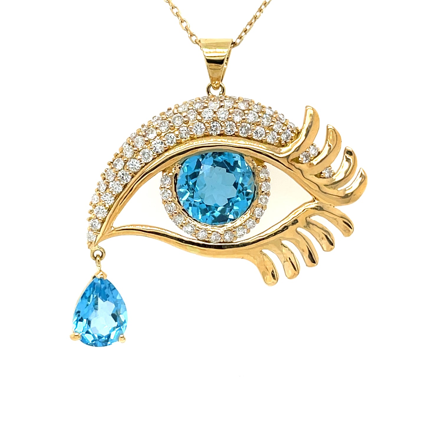 6.32 CT Topaz and 1.24 CT Round Brilliant Diamonds in a 14 KT Yellow Gold Evil Eye Pendant